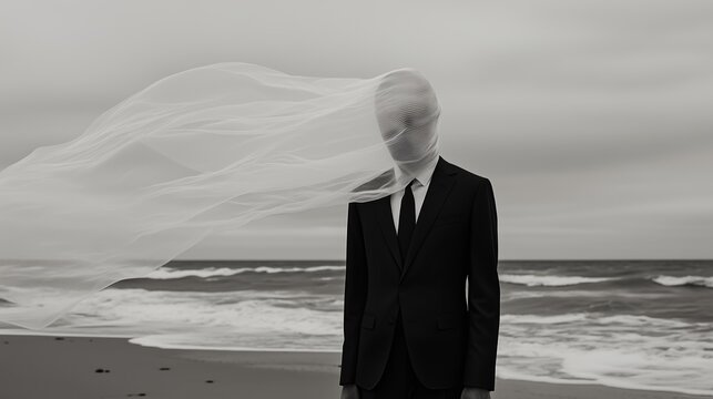 Mysterious figure in a suit stands on a beach with windswept veil at sunset, creating an eerie yet captivating atmosphere