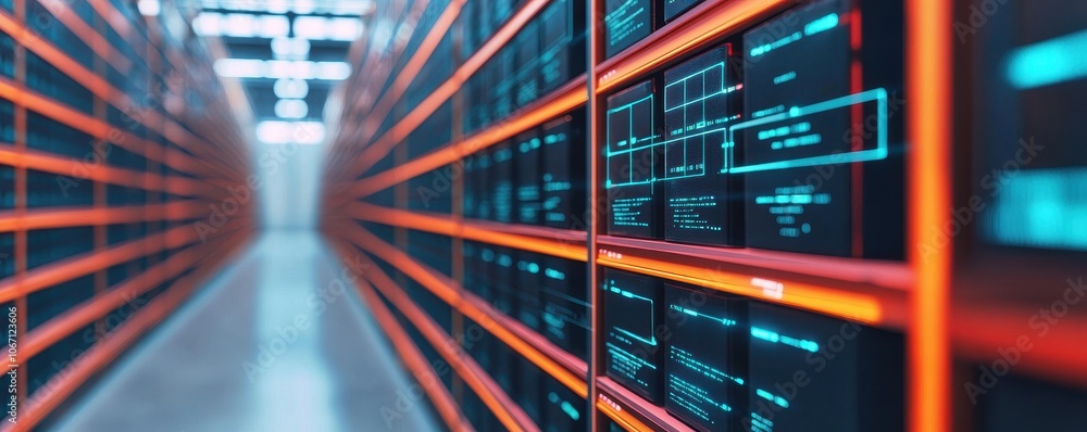 Poster a futuristic data center aisle with illuminated server racks, showcasing advanced technology and org