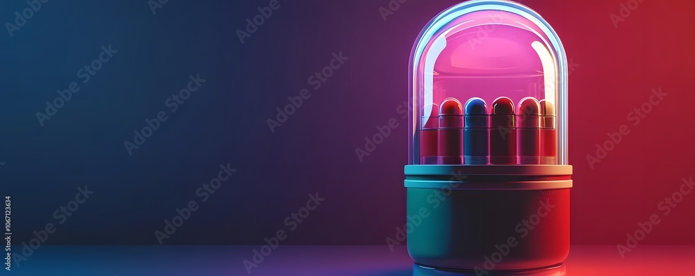 Poster a vibrant capsule with colorful bullets under neon lights, showcasing a modern and artistic design i