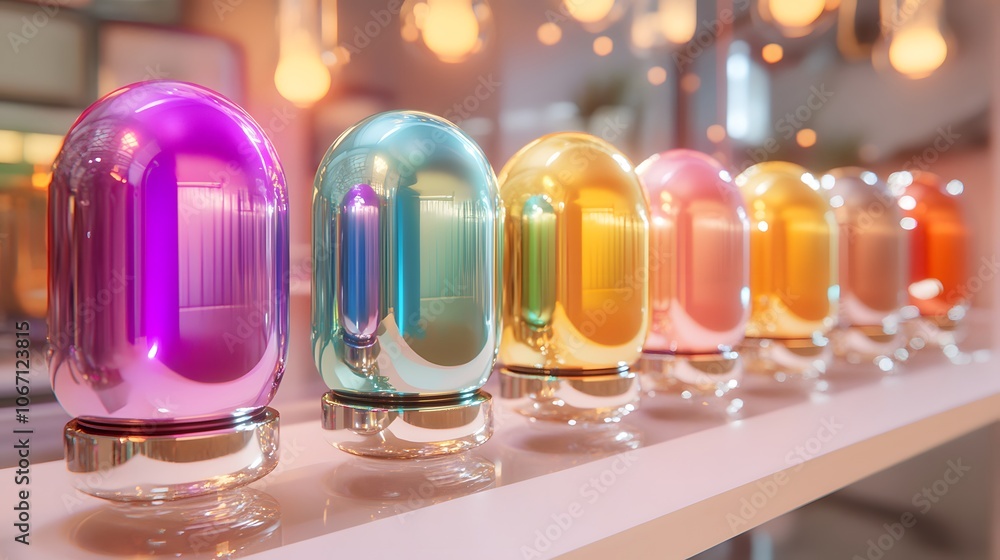 Poster a vibrant display of colorful glass bottles reflecting soft light in an elegant setting, showcasing 