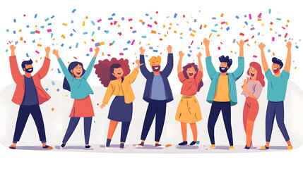 Illustration of a joyful group of diverse individuals celebrating amidst a shower of colorful confetti, symbolizing happiness, success, and a sense of community and togetherness.