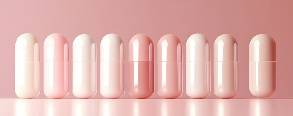 A visually pleasing arrangement of pink capsules against a soft pink background, perfect for health and wellness themes.