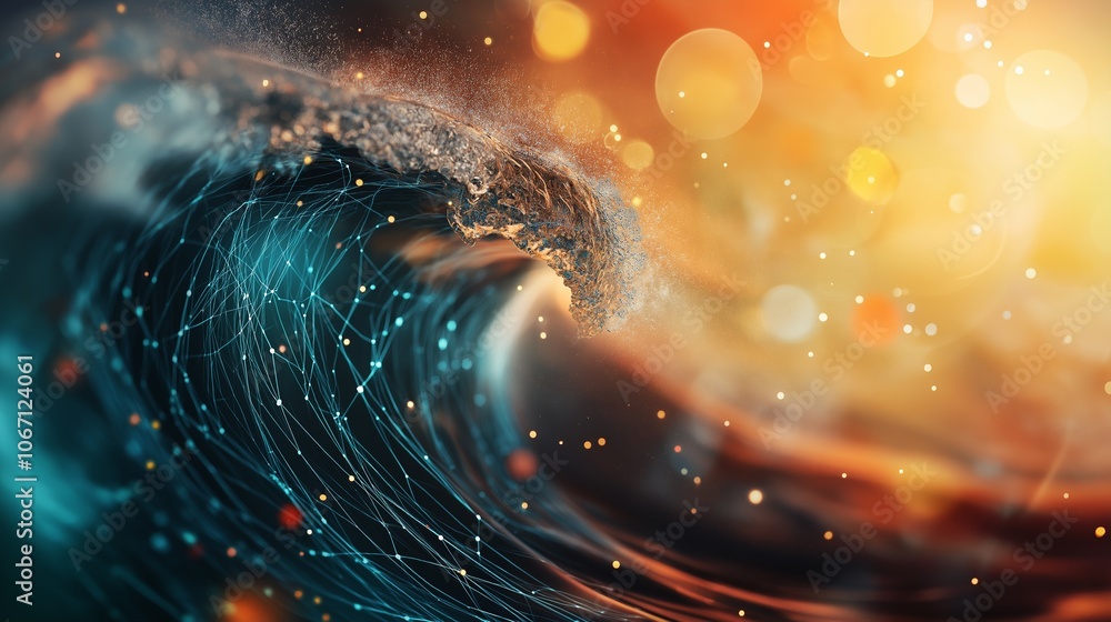 Poster abstract attractive technological background with the movement of a flowing wave of data transfer in