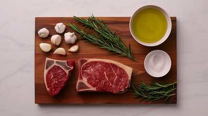 Succulent T Bone Steak with Aromatic Garlic Rosemary and Olive Oil on Wooden Cutting Board   Delicious Gourmet Meat Ingredient and Seasoning for Flavorful Cooking and Meal