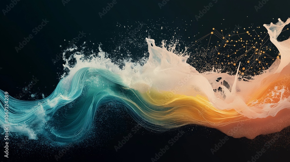 Poster abstract attractive technological background with the movement of a flowing wave of data transfer in
