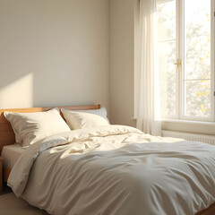 Sunny bedroom with bed and blankets