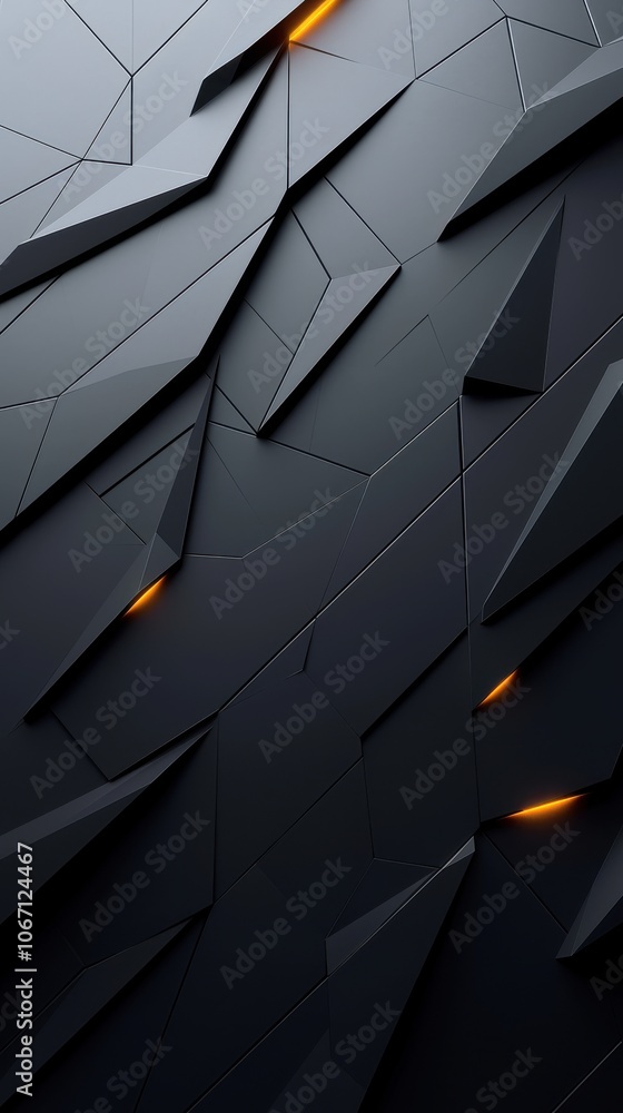 Poster abstract geometric patterns in dark tones with glowing orange accents, creating a futuristic and dyn