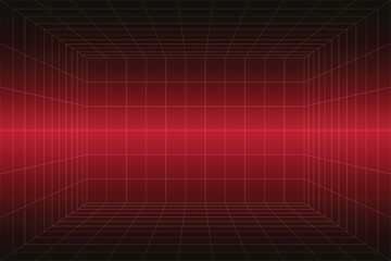 Abstract wireframe with red grid line. Futuristic perspective grid box. .Retro Futurism Sci-Fi Background. glowing neon grid. and stars from vintage arcade computer games