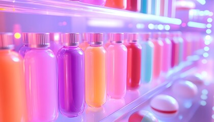 Colorful cosmetic bottles arranged neatly on a shelf, illuminated with vibrant lights, creating a modern and appealing display.