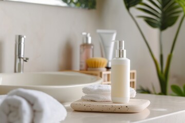 Fototapeta premium Minimalist bathroom decor with skincare products and modern accessories.