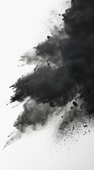 A dynamic explosion of black powder against a white background, creating an abstract and dramatic visual effect.