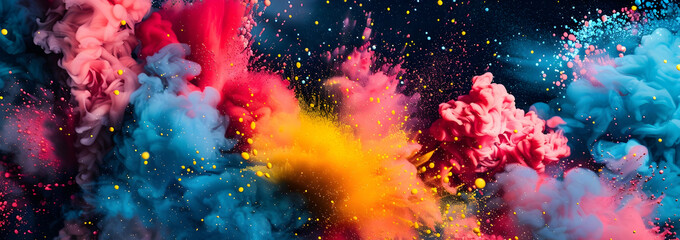 Fototapeta premium Black background, blue smoke, and red paint in the air. Yellow paint floats up from the bottom left corner of the frame, with smoke coming out on all sides.