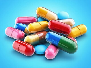 Multicolored  pills and capsules on blue background.