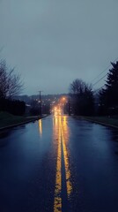 Wet road reflecting streetlights under a moody sky during dusk