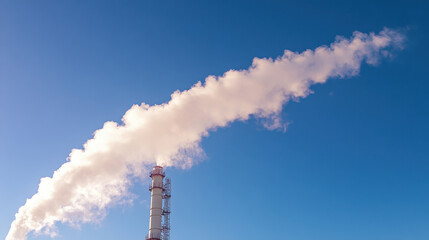 A tall industrial smokestack releases white smoke against a clear blue sky, symbolizing pollution and energy production.