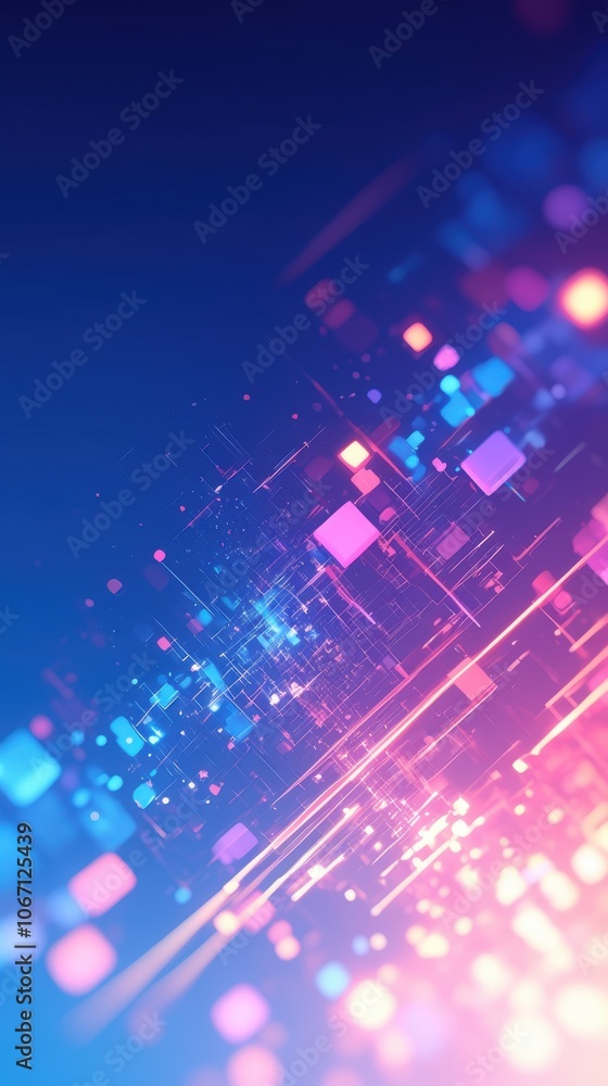 Poster a vibrant digital abstract background filled with glowing squares and lines, creating a futuristic a