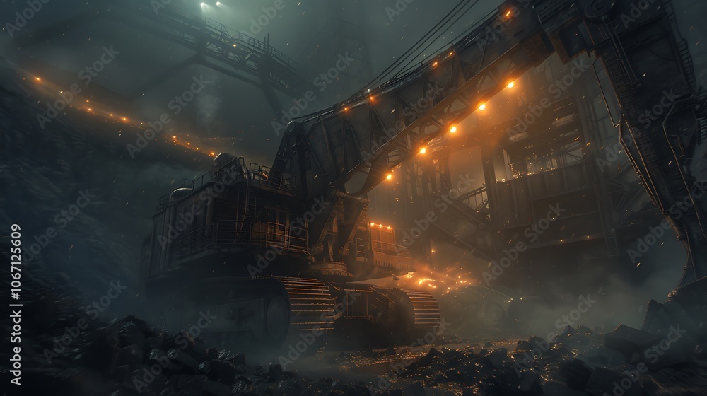 Poster a dimly lit, moody scene depicting an industrial structure with warm lights, set in a mysterious, fo