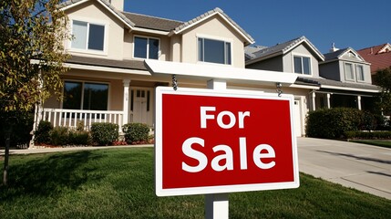 A suburban neighborhood with multiple homes and a prominent â€œFor Saleâ€ sign in the foreground, taken in natural light for a calm and inviting scene