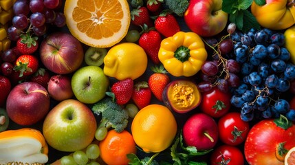Variety of fresh fruits and vegetables in vibrant colors