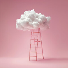 A ladder leading up to a cloud made of cotton wool, against a pink background, a minimalist conceptual