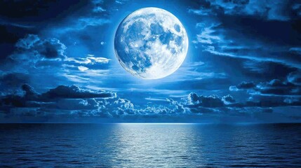 Serene Night with Bright Moon Over Calm Ocean