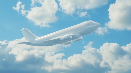 Naklejka premium A commercial airplane soaring through a clear blue sky with fluffy white clouds during daylight hours