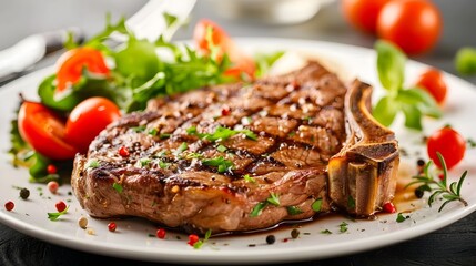 Juicy perfectly grilled T bone steak with charred grill marks served on a plate alongside a fresh and crisp side salad with tomatoes lettuce and herbs  A delicious and healthy protein packed meal
