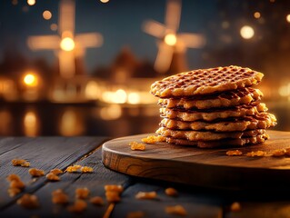 Warm stroopwafels with gooey caramel filling, Windmills of Kinderdijk softly lit in the background, luxury wooden serving board, ultrarealistic Dutch snack photography
