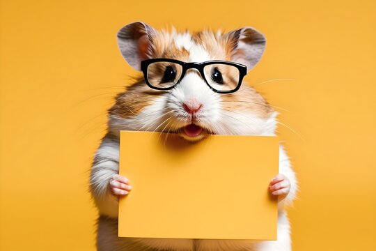 Portrait of funny hmaster with eyglasses holding a blank sign with empty space for text, isolated yellow background