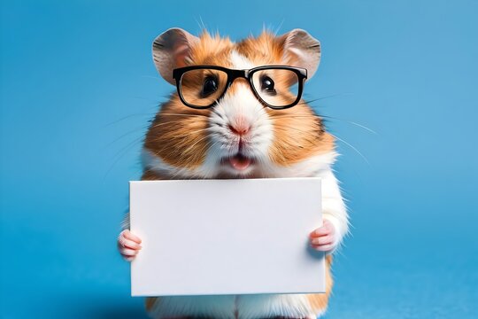 Portrait of funny hmaster with eyglasses holding a blank sign with empty space for text, isolated blue background