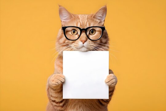 Portrait of a funny cat with eyglasses holding a blank sign with empty space for text, isolated yellow background