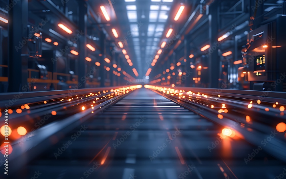 Poster a visually striking perspective of a dimly lit industrial setting, showcasing luminous sparks above 
