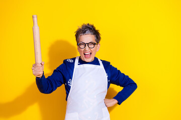 Photo of angry crazy senior lady wear blue stylish clothes hold rolling pin isolated on yellow color background