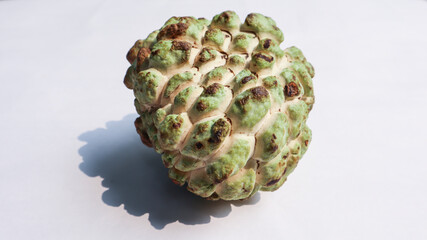 Green fruit food Srikaya, Cherimoya Sugar Apple or Custard Apple or cinnamon apple or Annona squamosa, white bokeh background. for copy space.