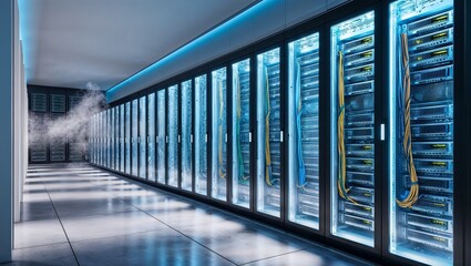 Fototapeta premium Futuristic Server Room in a Data Center: A Gleaming Hub of Technology and Innovation for Businesses and Tech-Focused Industries
