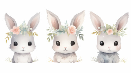 Fototapeta premium Rabbit with flower crown, Easter, watercolor