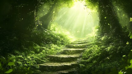 Pathway leading through a green forest with sunlight
