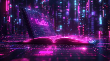 An open book with glowing futuristic graphics, symbolizing digital knowledge.