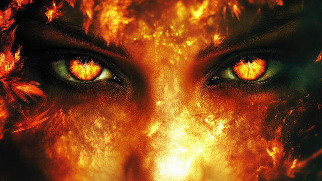 Fiery eyes with intense orange flames and embers in a dramatic close-up