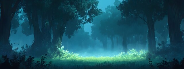 Obraz premium A dense forest with tall trees, a green carpet of grass under the canopy, and mist rising from between them