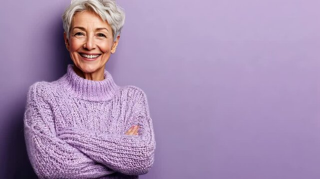 A cheerful senior lady with a warm smile, wearing a cozy knitted sweater, standing against a soft lavender background