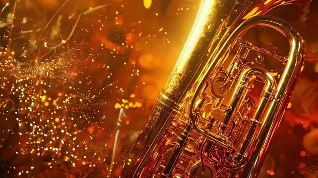 A golden trombone is surrounded by a glowing orange background. The image has a warm, inviting mood, as if it were a scene from a Halloween party