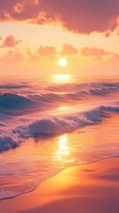 Obraz premium A serene sunset illuminates the ocean waves, casting a warm golden glow over the tranquil beach.