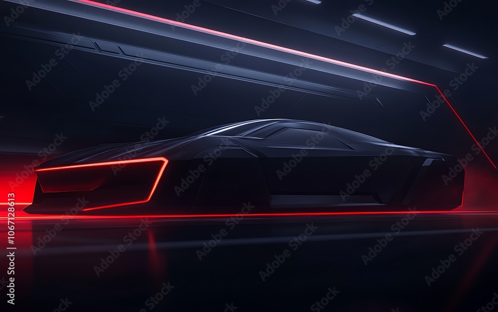 Fototapete a sleek, futuristic car silhouette is illuminated with red lights against a dark background, creatin