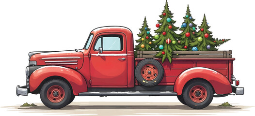 Red Watercolor vintage christmas truck, christmas car, Merry Christmas and Happy New Year Postcard or Poster or Flyer template with retro pickup truck with christmas tree giftboxes vector illustration