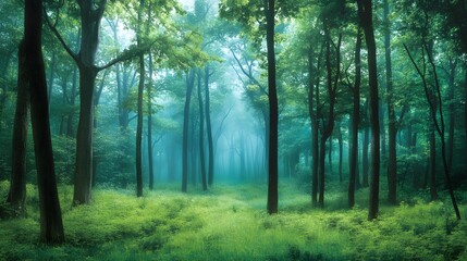 Fototapeta premium A dense forest with tall trees, a green carpet of grass under the canopy, and mist rising from between them