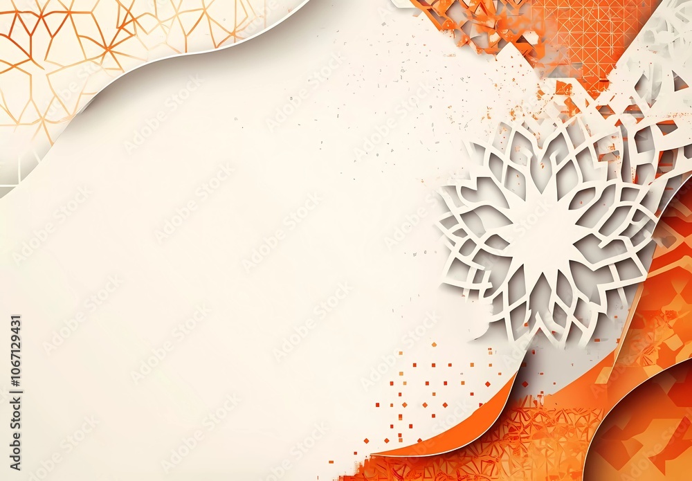 Poster arabic pattern background vector with copy space on the right side, in a white and orange color sche