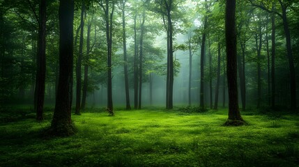 Obraz premium A dense forest with tall trees, a green carpet of grass under the canopy, and mist rising from between them