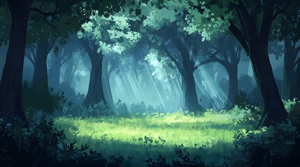 A dense forest with tall trees, a green carpet of grass under the canopy, and mist rising from between them