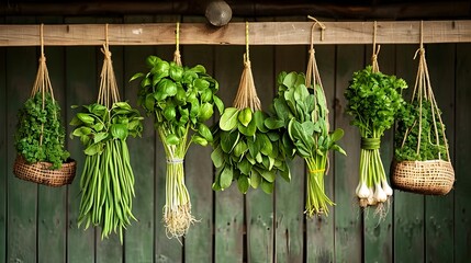 Handmade noodles drying on a classic wooden rack surrounded by a variety of fresh herbs and vegetables in a rustic natural setting